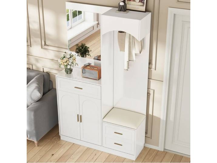 Vestiaire d'entrée compact AESVAR avec miroir banc à chaussures et rangements MDF blanc