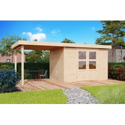Karibu Gartenhaus "Calabar 4" SET naturbelassen mit Boden, Anbaudach 2,40 m Breite, Dachfolie
