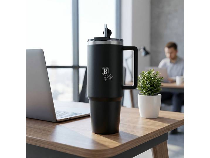 Thermobecher mit Strohhalm, matt-schwarz, 1L