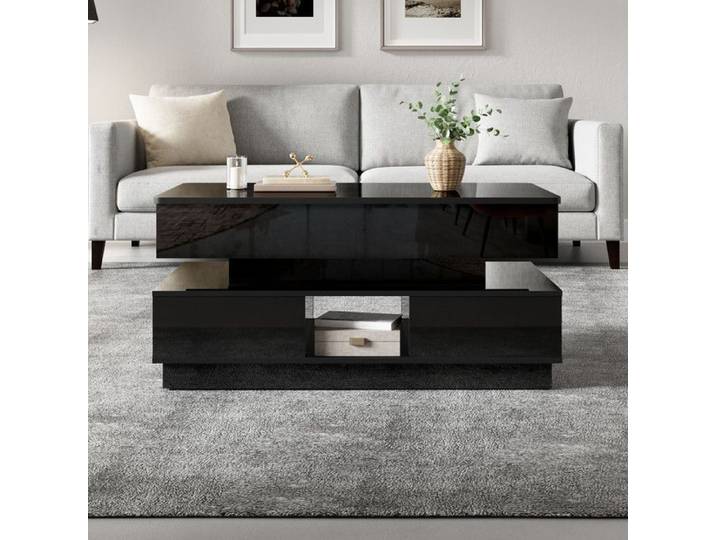 LUSCRIATE Table basse relevable LED avec prise Table salon rangement tiroirs plateau relevable multifonction brillant - Noir