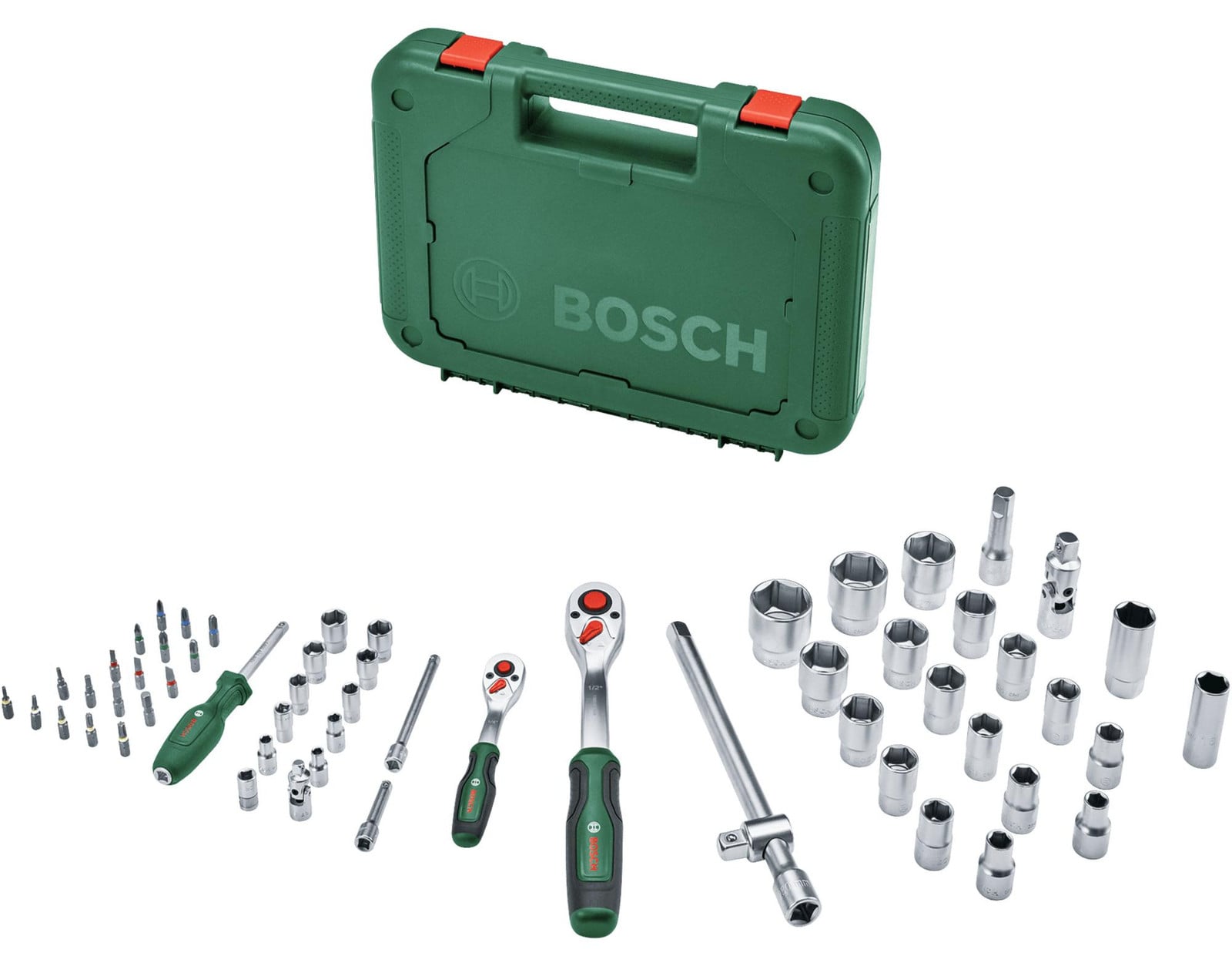 Bosch 57-delige ratelset 1/4 + 1/2 met 55 accessoires en koffer