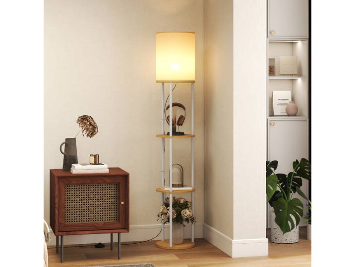 HOMCOM Lampe sur Pied avec Étagères Bois Naturel Télécommande
