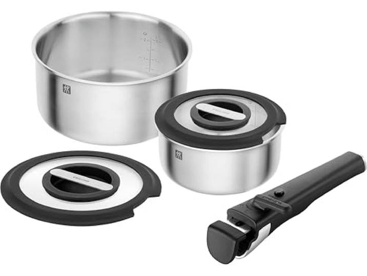 ZWILLING Unlock Kochtopfset 5-teilig, Stapelbar, Abnehmbarer Griff Edelstahl, Alle Herdarten, Induktion, Optimal für kleine Küchen & zum Campen
