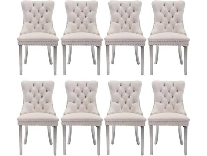 SoarTalent 8er Set Esszimmerstühle Samt Silberbein, Beige Samt gepolstert, Nagelkopfbesatz, versilberten Beinen, Metall-Ziehring, für Esszimmer & Wohnzimmer