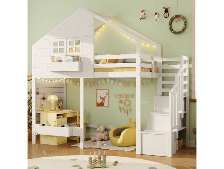 Piaenon - Lit superpose enfant 90x200 cm avec fenetre escalier rangement et barriere securite - Bois pin - Blanc