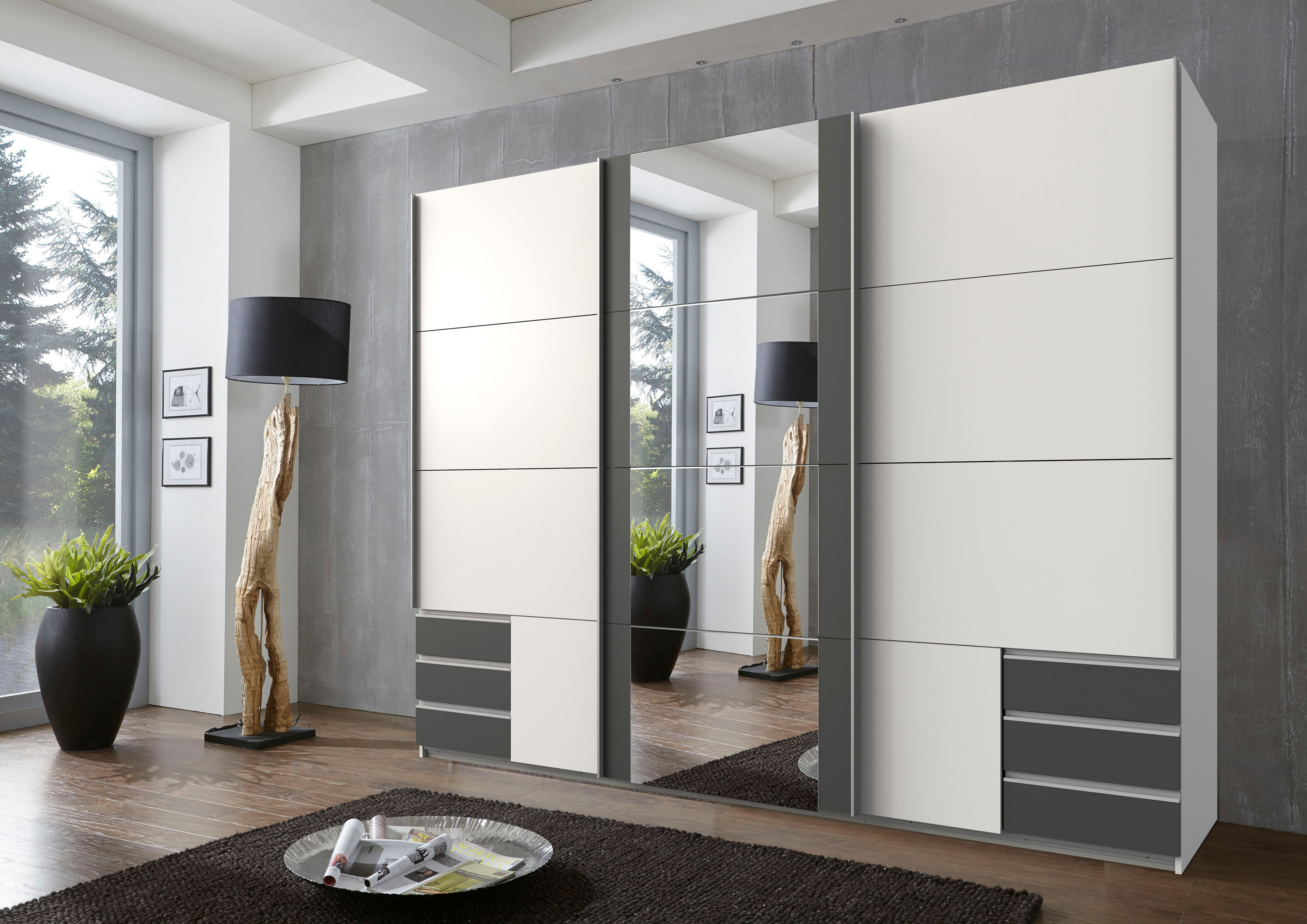 Schwebetürenschrank WIMEX "Emden moderner Kleiderschrank mit Spiegel und Schubladen", weiß (weiß, graphit), B:270cm H:210cm T:64cm, Schränke, Schwebetürenschrank, Schlafzimmer Schrank Garderobenschrank mit Schwebetüren Topseller