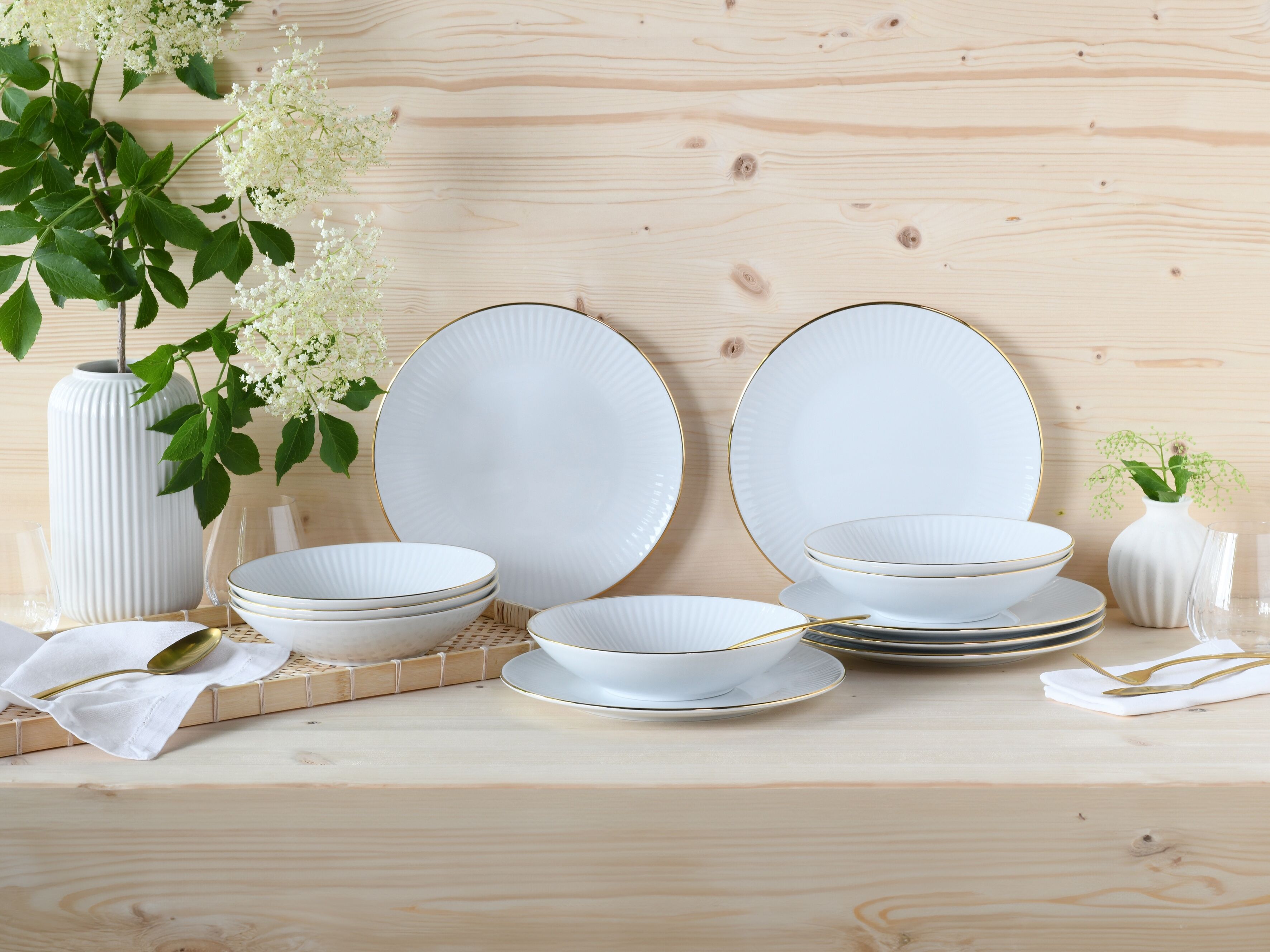 Tafelservice CREATABLE "Valencia Gold, Tafel-Service 12-tlg", weiß, 12 Stk., Porzellan, Geschirr-Sets, Tafelservice, Teller Set, Elegant, Goldrand
