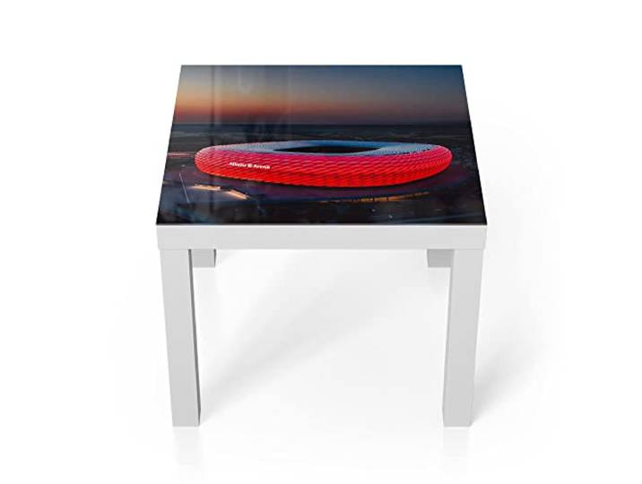 DEQORI Glastisch weiß klein 55x55 cm Motiv Allianz Arena, München ausgefallener Beistelltisch aus Glas Hochglanz Couchtisch fürs Wohnzimmer moderner Couch Tisch mit Design