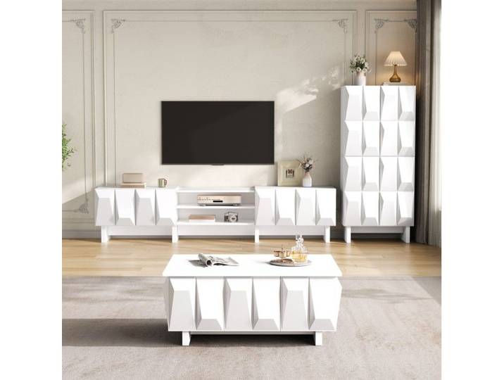 ULEVR Ensemble de salon 3 pièces blanc avec meuble TV buffet et table basse à façades 3D géométriques