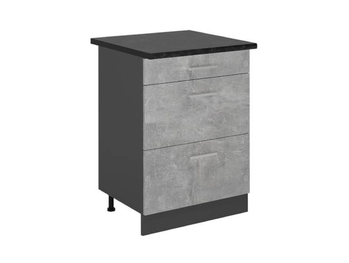 Vicco Küchenunterschrank R-Line, Beton, 60 cm 3 Schubladen · Arbeitsplatte Anthrazit · Höhenverst. Füße · Leichter Zugriff · Frei kombinierbar