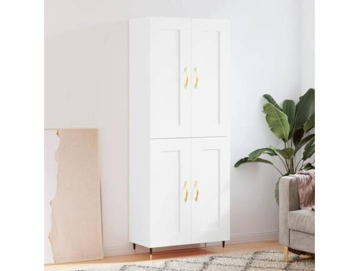 Highboard Weiß modernes Design mit eleganten Metallfüßen und langlebigem Holzwerkstoff für sichere Wandmontage – Stauraum Schrank für Wohnzimmer mit Sicherheitshinweis