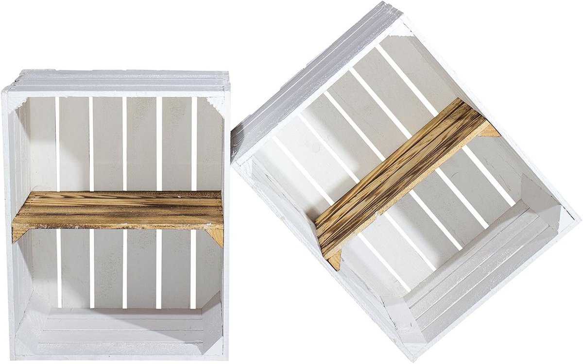 Set van 2 witte houten plankkisten met gevlamde tussenplank als multifunctioneel kastje