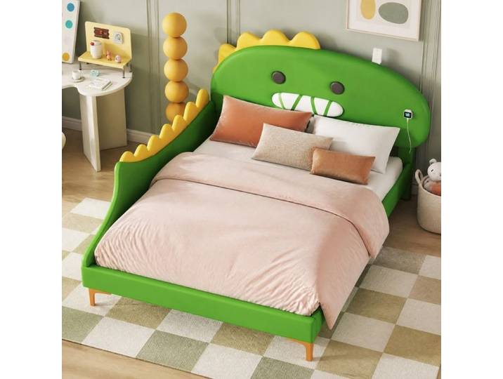 Lit enfant - ZEVKOR - Dinosaure - 140×200 cm - 12 lattes - Tête de lit décor dinosaure