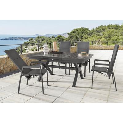 Garten-Essgruppe DESTINY "COSTA GARDA 4 HL + Ausziehtisch 160/210x100cm, anthrazit", grau (anthrazit), Synchron-Auszug, Sitzmöbel-Sets, Aluminium, Textilene, Keramikplatten