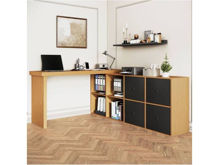 Bureau Pliable d'angle 260x48x78cm mobile plateau tournant 360° 4 tiroirs 4 compartiments pose modulable
