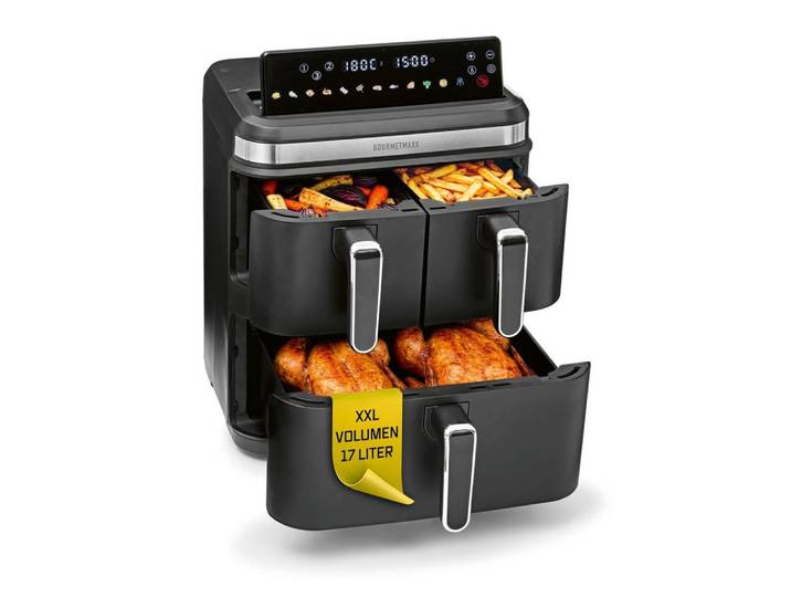 GOURMETmaxx Heißluftfritteuse GOURMETmaxx Heißluft-Fritteuse 3000W LB8 schwarz/Edelstahl 17l 3 Frittierkammern, 3000 W, Heissluftfritteuse mit LED-Klapp-Touchdisplay - Air Fryer 12 Personen