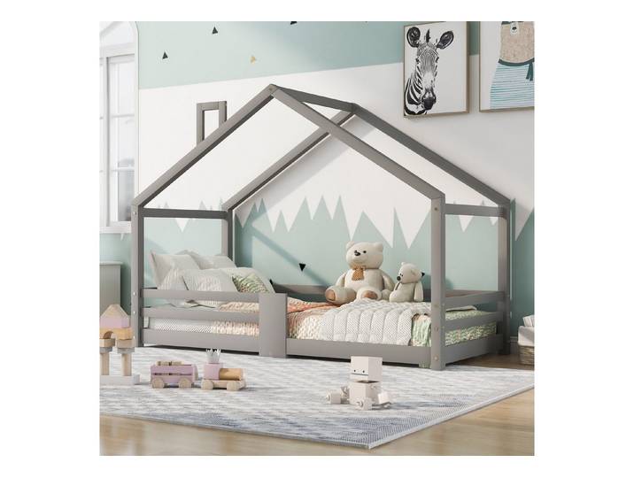 Welltin Einzelbett Kinderbett Hausbett 90x200 cm Kiefernholz mit Rausfallschutz, stabilem Roll-Lattenrost, langfristig nutzbar