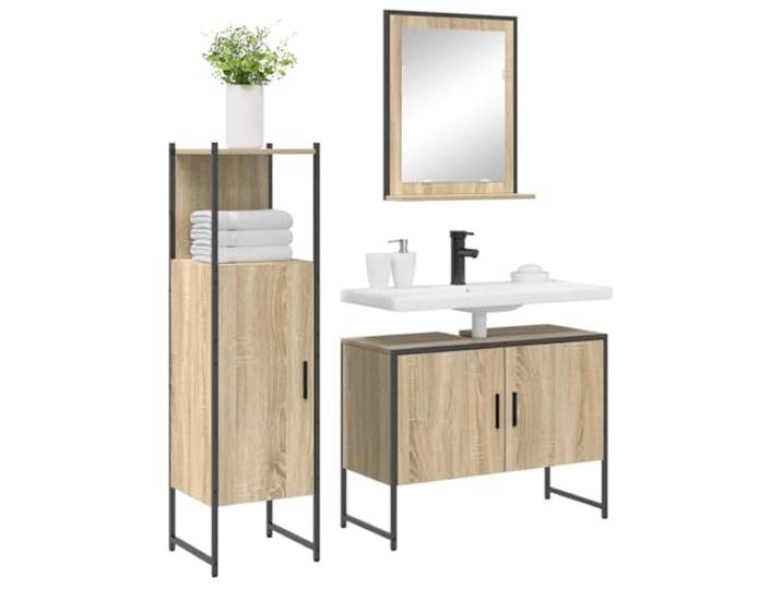 SKTQYQO Badezimmermöbel-Set, 3-teilig, braun, Holz, mehrschichtig Mit Spiegel und Regal, 3 Scharniertüren, Stahlrahmen, Wandmontage