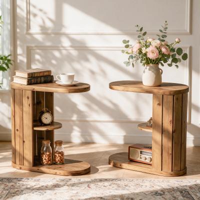 Bluebell Solid Wood Side Table, C-shaped Small End Table with Storage