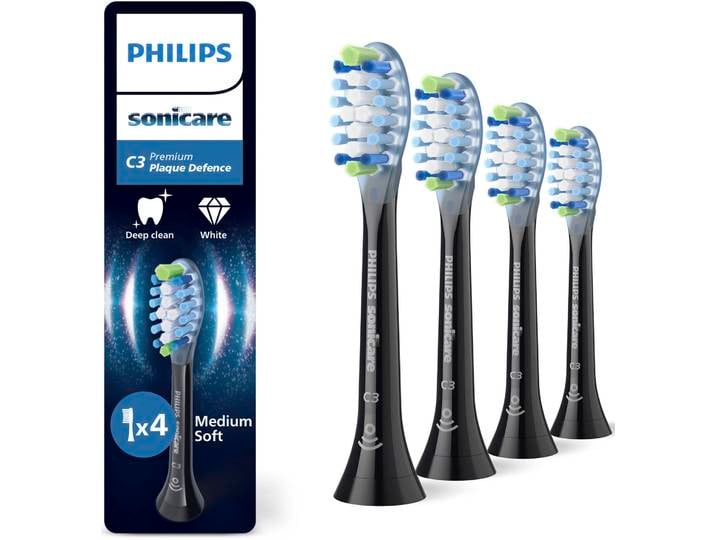 Aufsteckbürsten PHILIPS SONICARE C3 Premium Plaque Defence , schwarz, Zahnbürstenköpfe, 4 Stk., Aufsteckbürsten, für extra gründliche Plaque-Entfernung, für jedes Sonicare Handstück