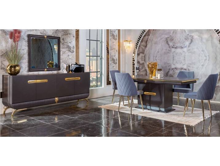 JVmoebel Esszimmer-Set Edelstahl Esszimmermöbel mit Kommode und Spiegel in warmen Brauntönen, (7-St., Esstisch + 4x Stühle + Kommode + Spiegel), Made in Europa