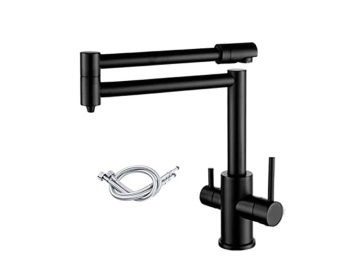 Küchenarmatur, Messing gebürsteter Küchen-Klapphahn mit reinem Wasser kalt heiß Küche Modernes Trinkwasser 3-Wege-gefilterter Wasserhahn-Mischer(Black with hose)