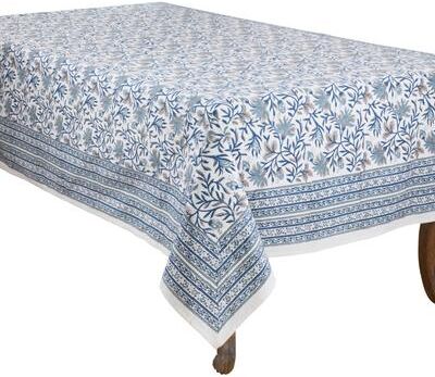 Saro Lifestyle French Country Botanical Tablecloth - Floral Block Print Cotton Tablecloth for Farmhouse Dining & Entertaining