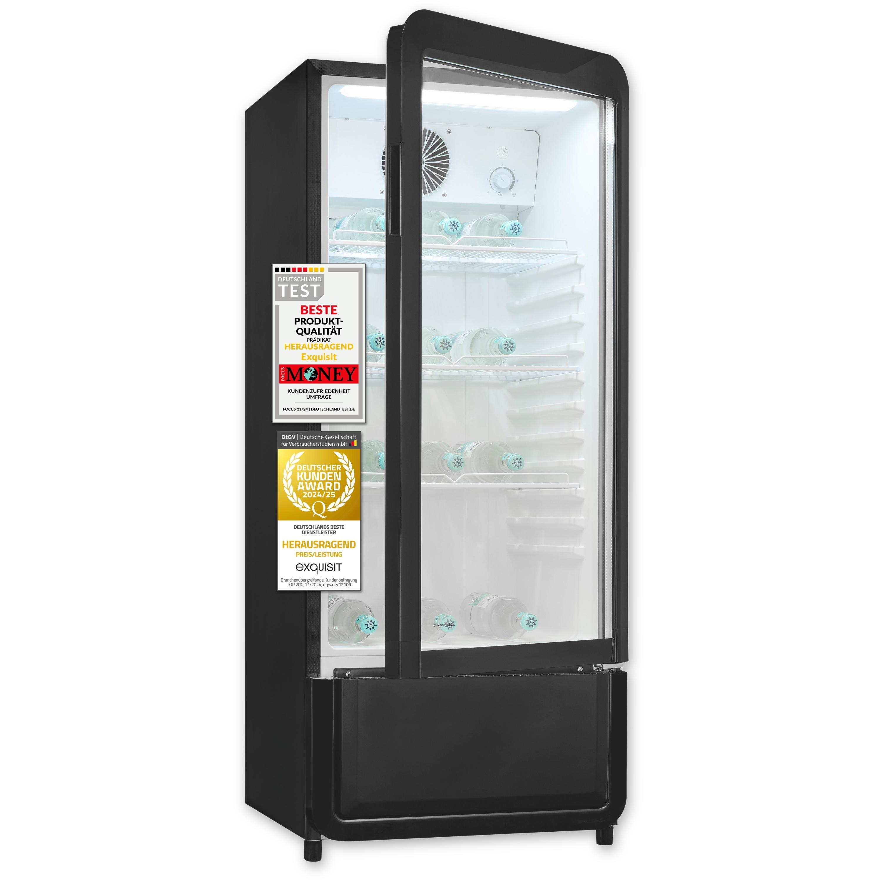 Exquisit Glastürkühlschrank, 200l Getränkekühlschrank mit LED, Umluft, 3 verstellbare Ablagen, CoolPro, GKS5180-GT-431D schwarz