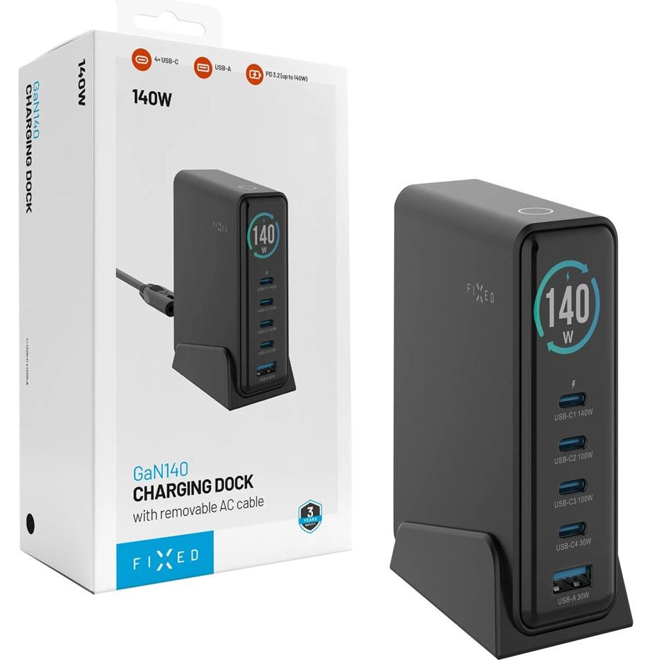 GaN Oplaadstation 140W met 4x USB-C en 1x USB-A, zwart