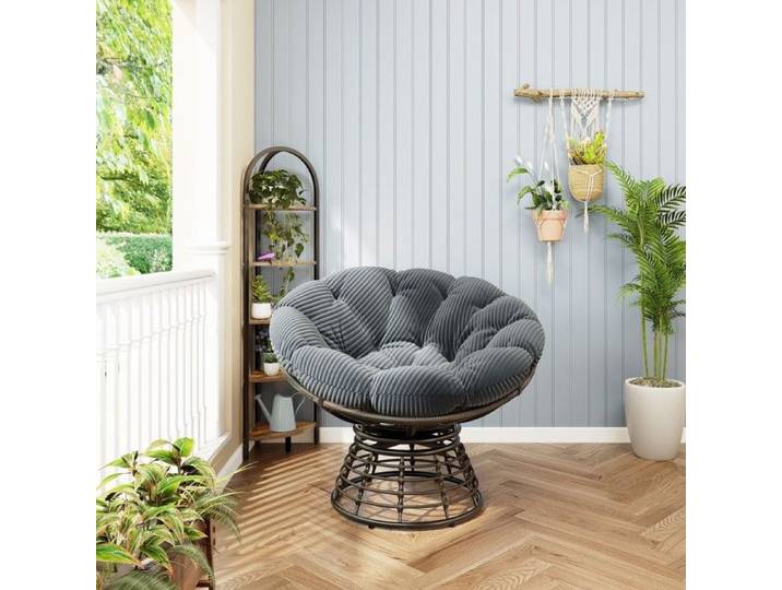 Fauteuil osier pivotant 360° confort coussin velours Gris épais intérieur extérieur salon chambre 92x92x67cm