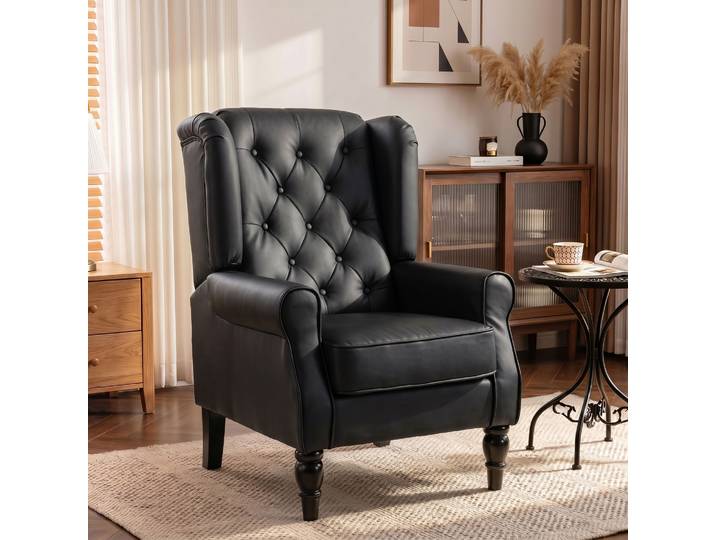 HOMCOM Fauteuil Cuir PU Noir Assise Large Accoudoirs Bois