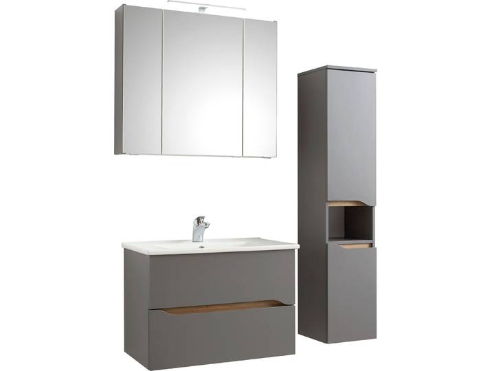 Badmöbel-Set SAPHIR Quickset 3-teilig, Keramikwaschtisch mit LED-Spiegelschrank , grau (quarzgrau matt, akzent riviera eiche quer nb), Kastenmöbel-Sets, Badmöbel-Set, Midischrank, inkl. Türdämpfer, 2 Schubladen, 5 Türen, 8 Einlegeböden