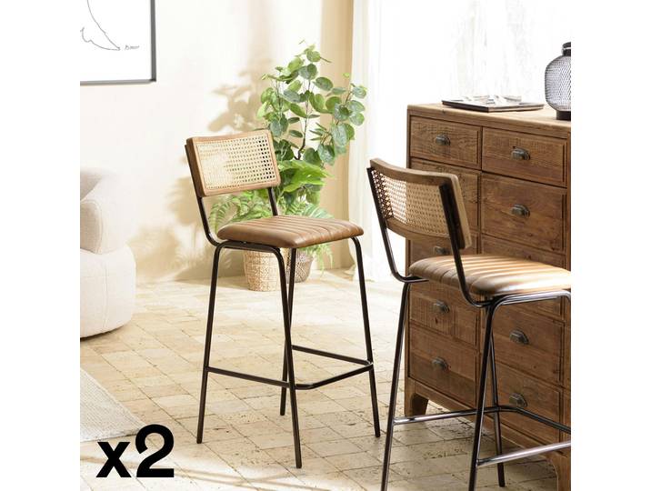 Chaise de bar cuir havane et cannage (lot de 2) TIM