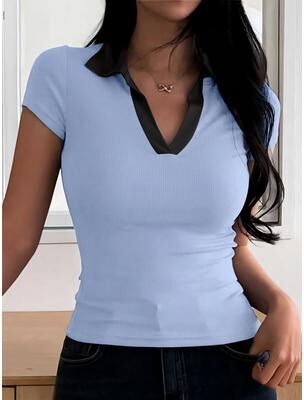 Uplifted Finds Womens Summer Color Block V Neck Polo Shirt s blue