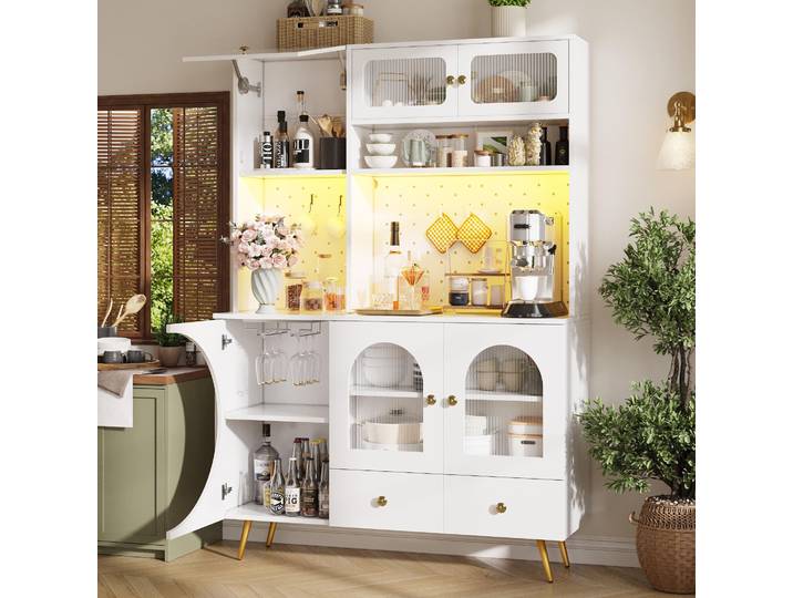 STILVORA Sideboard mit LED-Beleuchtung , Küchenschrank mit USB-Anschlüssen, Hochschrank mit Steckdosen, Aufbewahrungsschrank mit Lochwand, Schublade & Glasböden, Weiß