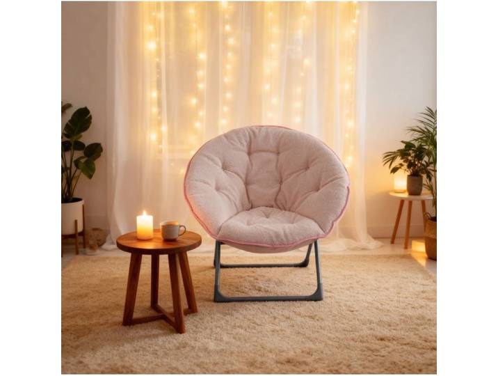 WOVREO Fauteuil lune pliant rose tissu effet laine bouclée et structure métallique 1 place 110 kg