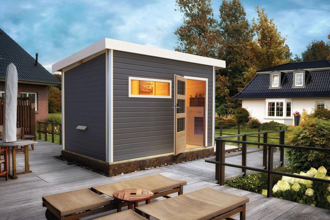 KARIBUHOLZT Sauna Skrollan2, 9kW Bio ext. Stg mod.Tür, terragrau 16880282