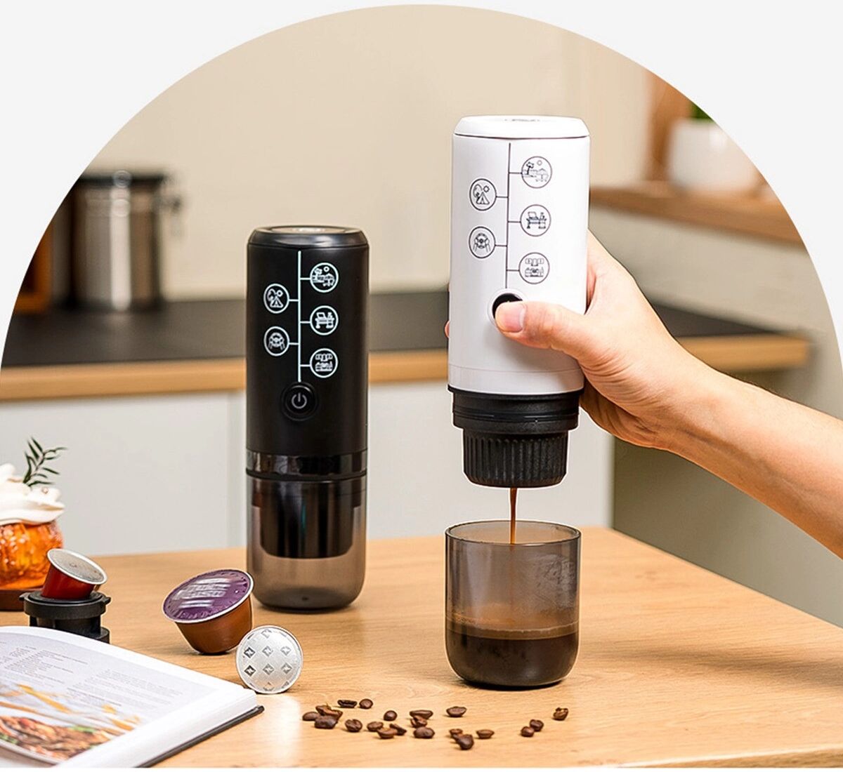 INF Tragbare Kapselkaffeemaschine, kompatibel mit Nespresso-Kapseln und gemahlenem Kaffee, Ein-Tasten-Espressomaschine Schwarz