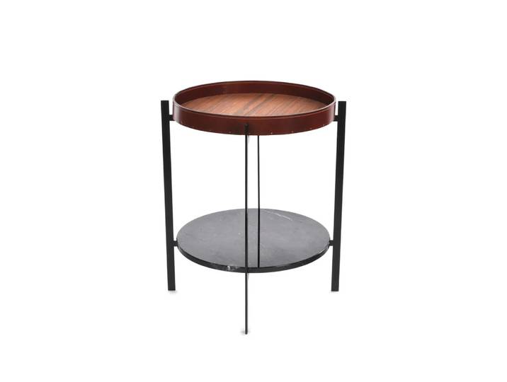 OX Denmarq Guéridon Deck teck, support noir, étagère en marbre noir