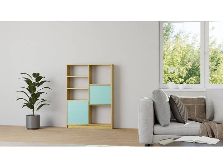 Modernes Regal mit bunten Türen Eiche Natur geölt
