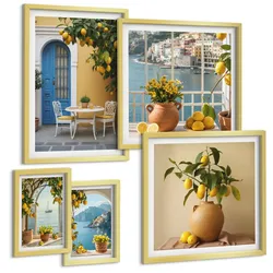 BILDER SET 5er Set - 50x50 cm & 20x30 cm & 40x60 cm Goldrahmen - Meereslandschaften, Zitronen, Fenster