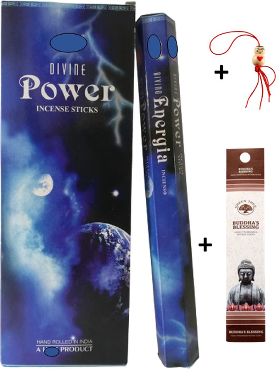 Divine Power Wierookset met 40 wierookstokjes, 5 mini wierookstokjes en gelukspoppetje in 2 kokers