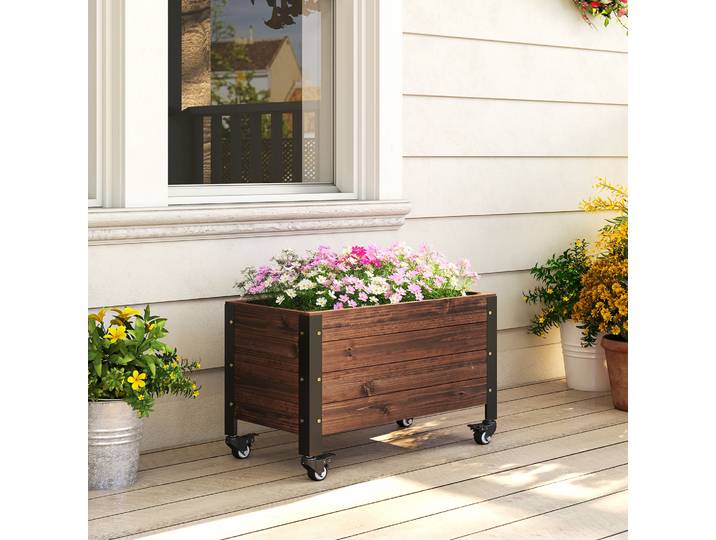 Outsunny Jardinière Surélevée Bois avec Roues 60x30x41cm Marron