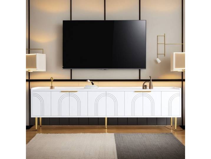 Meuble TV - DREAMMESPACE - 170x35x47.5cm - MDF - Blanc - Poignées dorées
