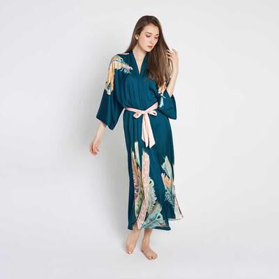 KIM + ONO Peacock Feather Kimono Robe - Long   Peacock Robe   KIM+ONO - teal / one size