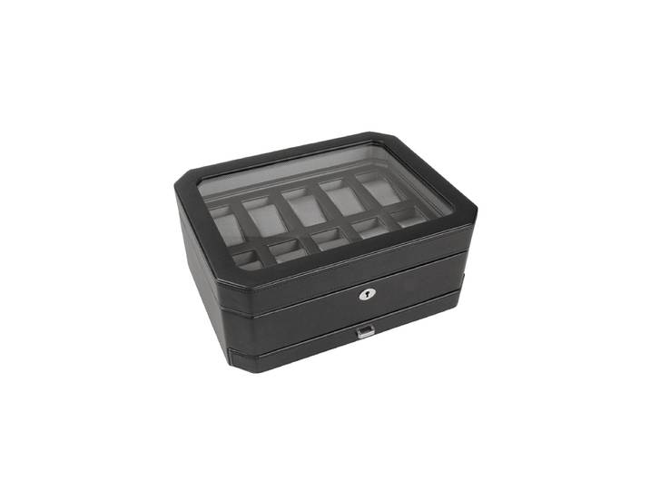 Uhrenbox „Windsor“ für 10 Armbanduhren mit zusätzlichem Stauraum Leder Schwarz WOLF