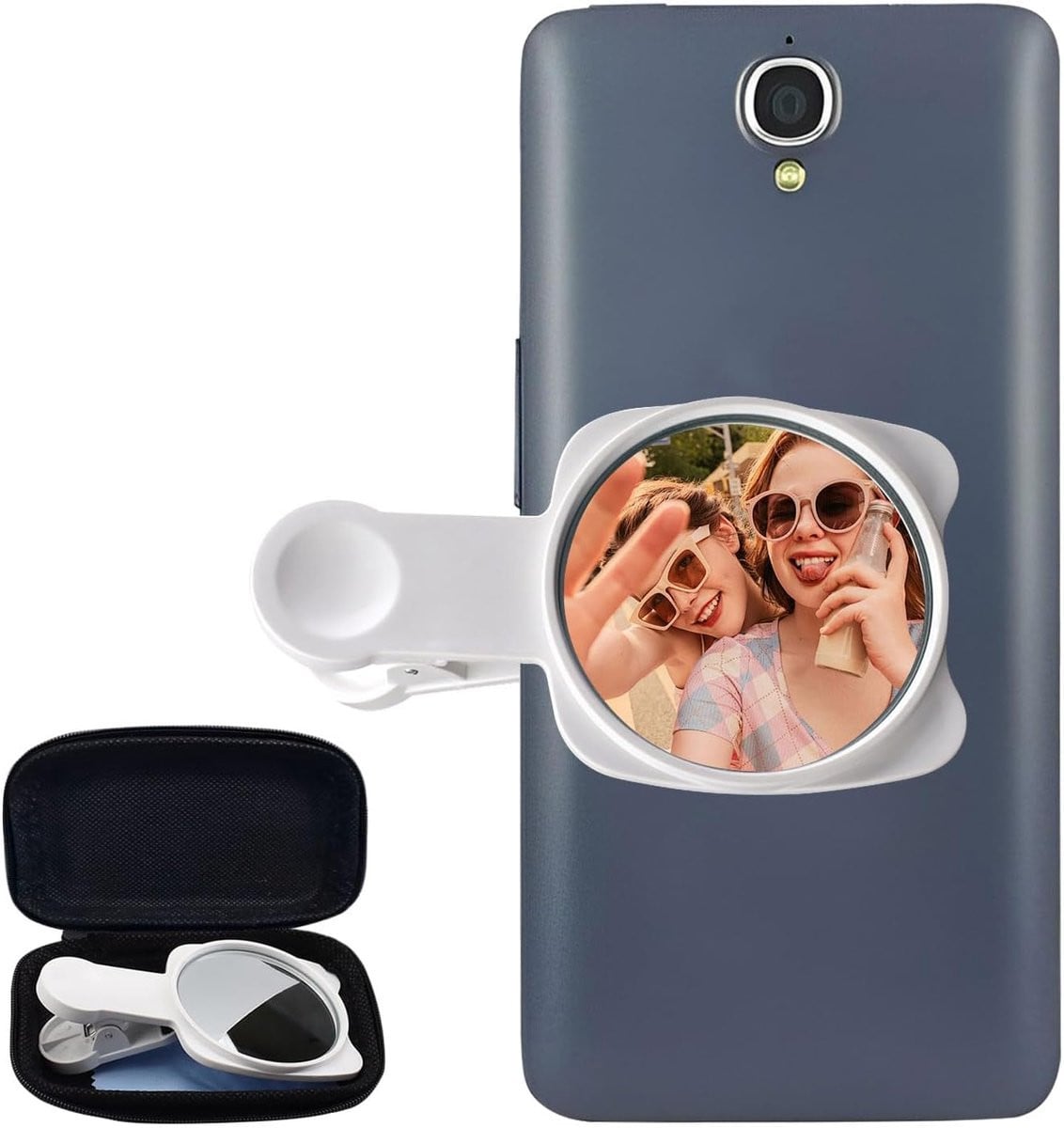 Vlog Selfie Monitor Screen Clip Mount, Draagbare Telefoon Spiegel voor Achtercamera, Groothoek, met Opbergkoffer (Wit)
