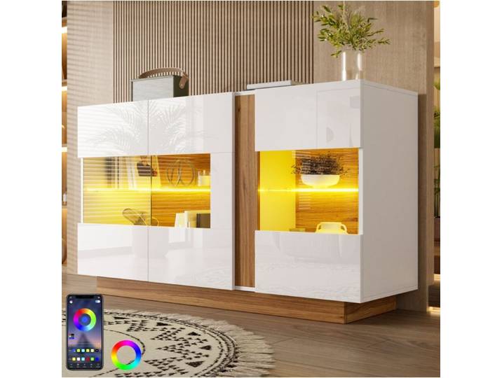HOMVRA Buffet bas moderne 120x38x80 cm 3 portes en acrylique LED réglable blanc et naturel
