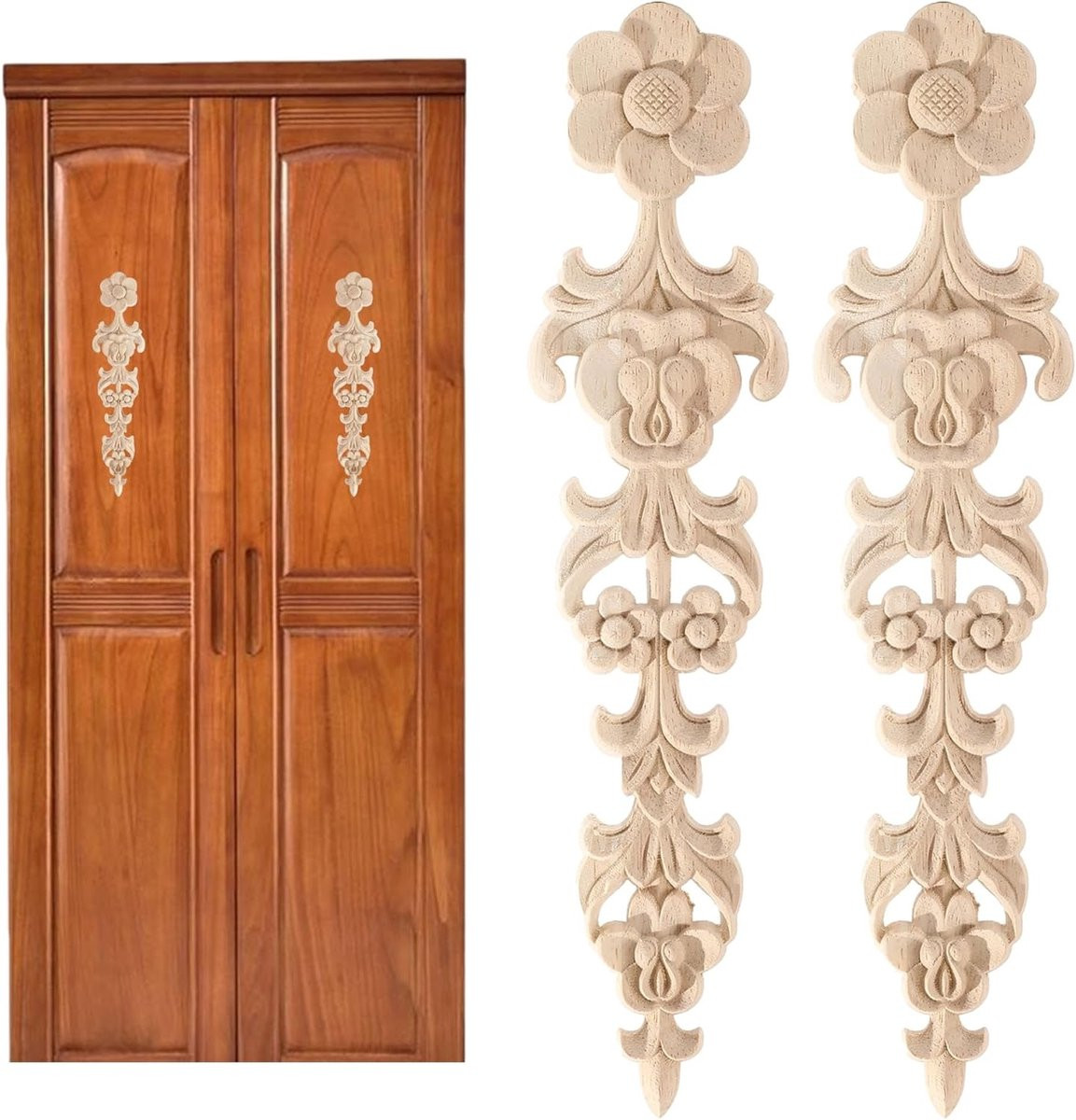 Decoratieve Houten Appliques - 2 Stuks, Gegraveerd, Vintage Wanddecoratie voor Meubels