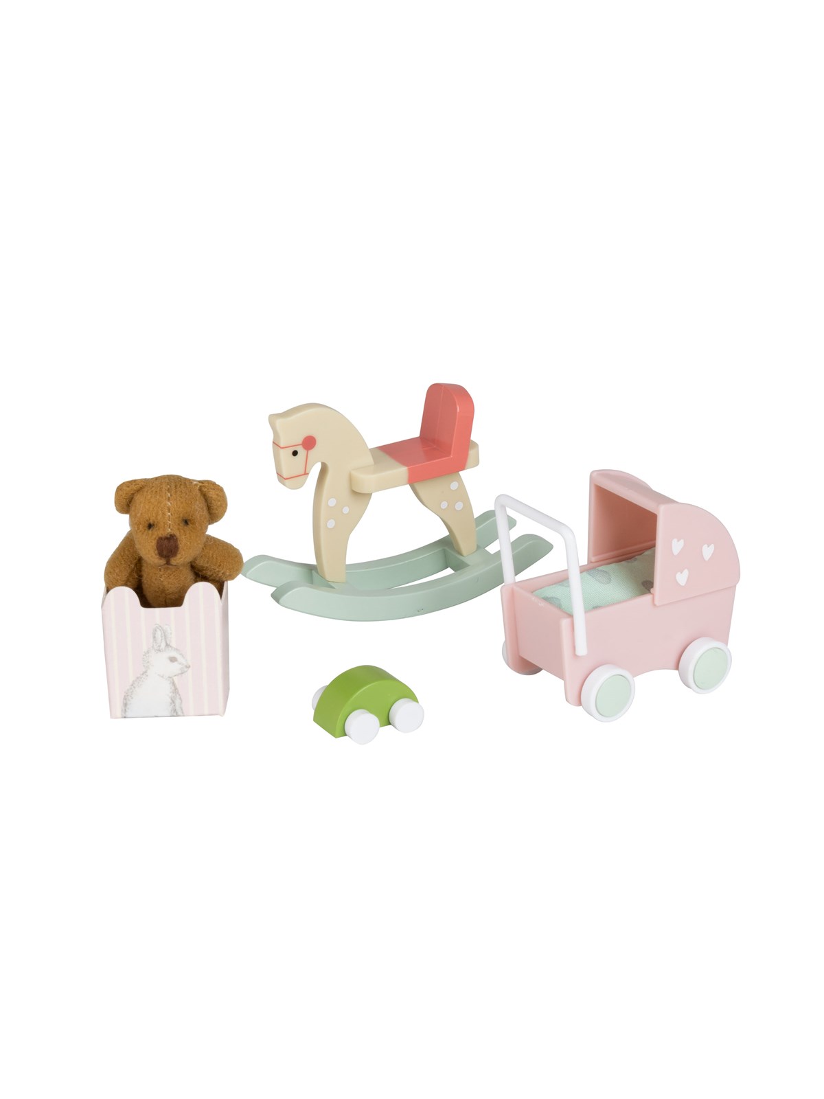 Micki Lundby Kinderspielzeug. Schaukelpferd, Puppenwagen, Spielzeugauto, Teddybär, Kiste - ab 3 Jahren